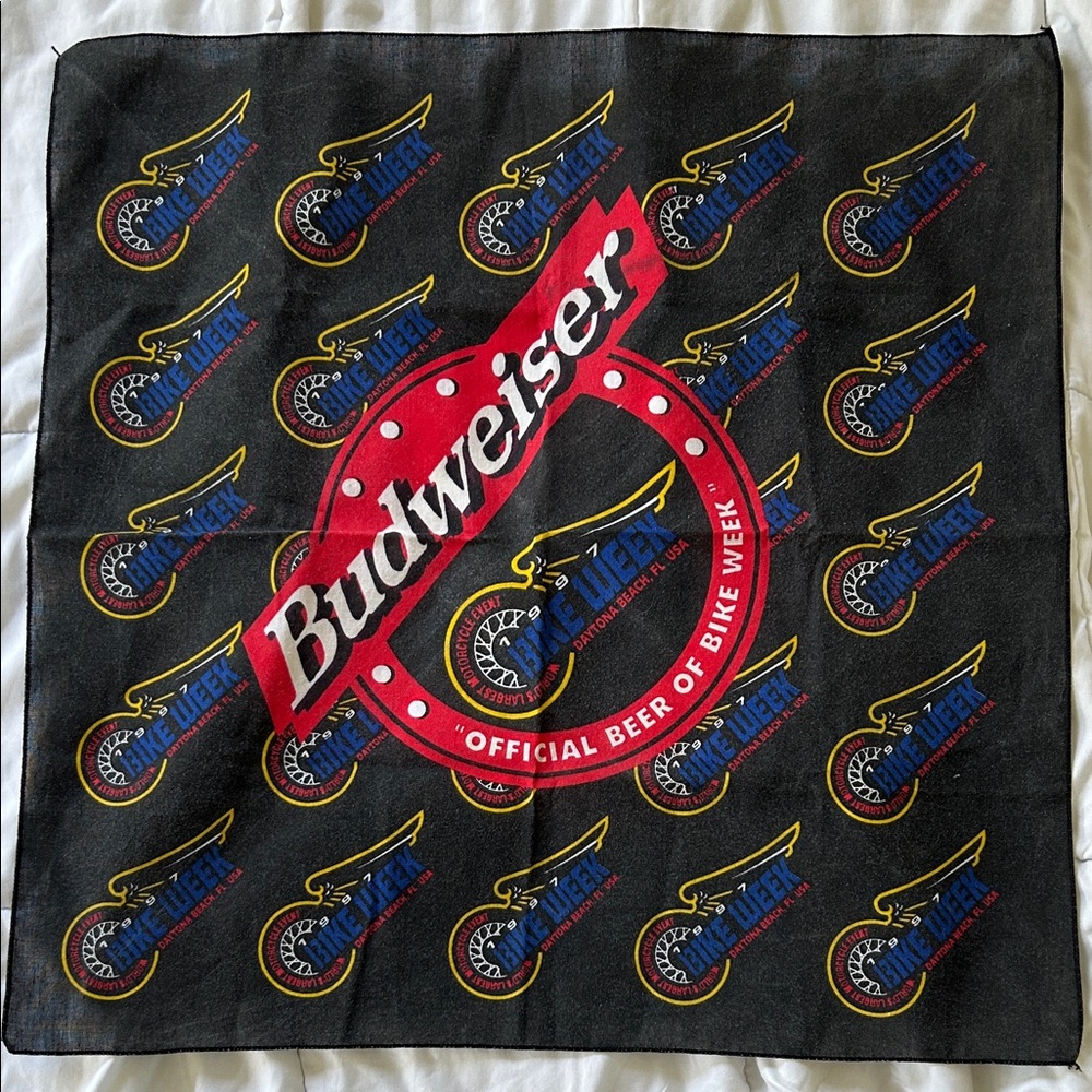 Budweiser Black Bandana with Red and Blue Motorcycle Design